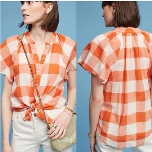 NWOT Maeve Anthropologie Butterfly Sleeve Big Gingham Check Button Up Blouse